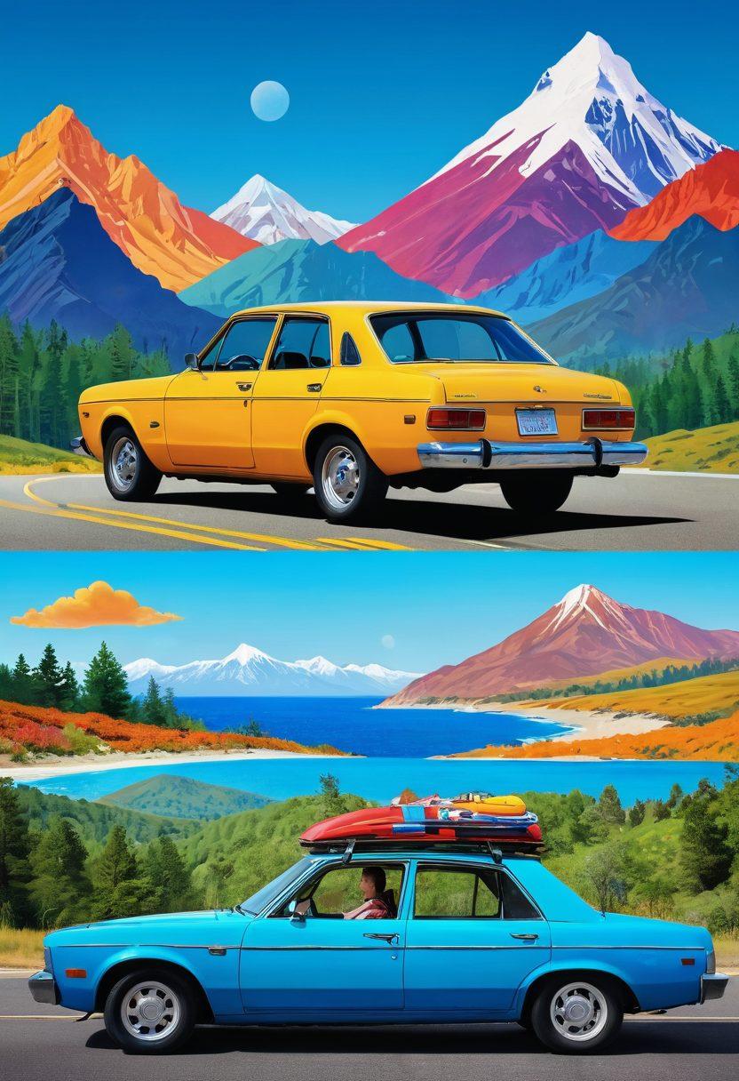 A vibrant collage featuring an enthusiastic family embarking on a road trip, with colorful, happy expressions and diverse terrains like mountains, beaches, and forests in the background. Include various tire designs and ratings floating around them, symbolizing tire testing. The family car is parked with a joyful atmosphere, and a clear blue sky enhances the sense of adventure. stylized graphic art. bright colors. dynamic composition.