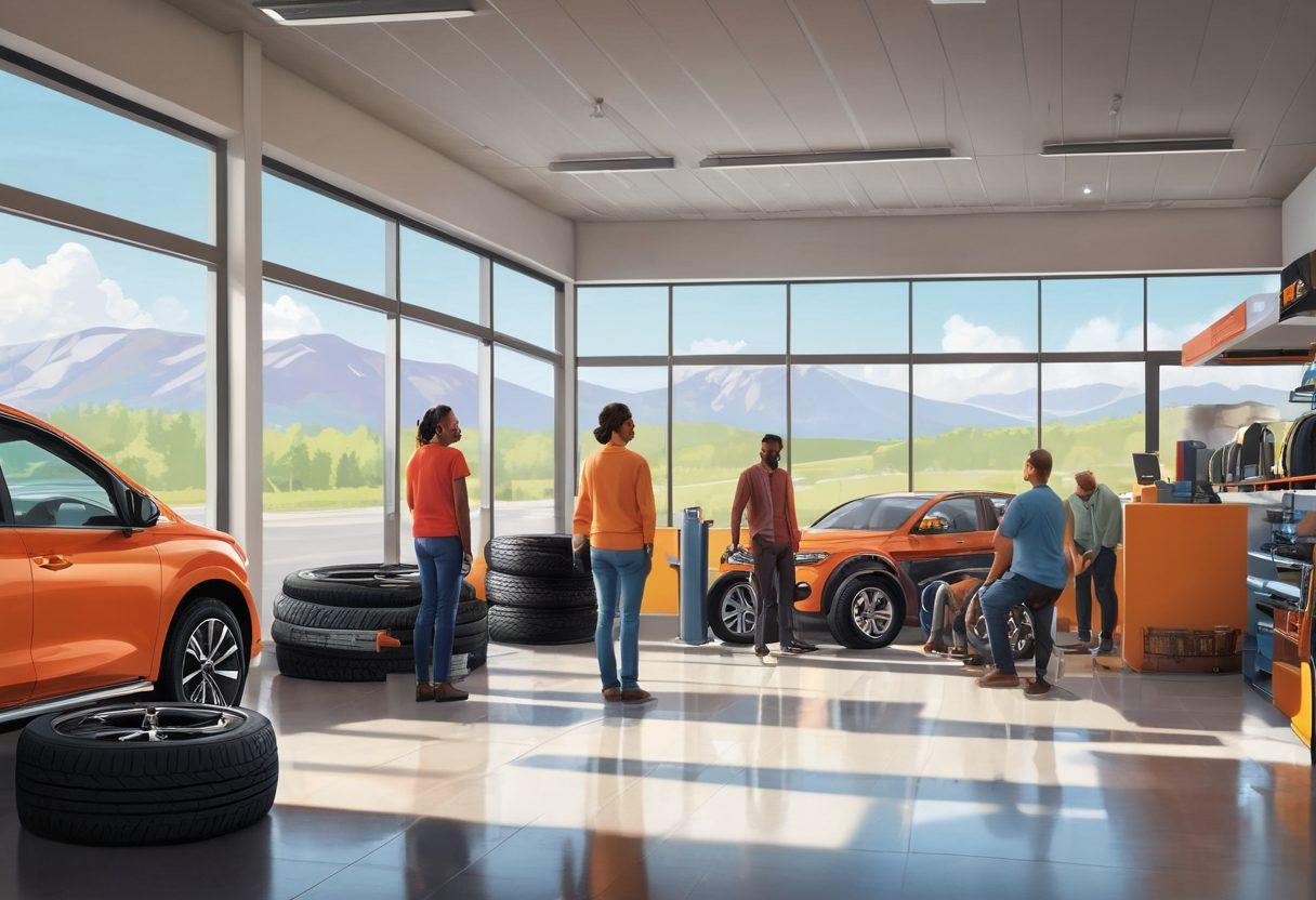 A illustrated scene featuring a diverse group of people discussing tire options in a bright, modern tire shop. In the background, various tire types are displayed along with infographics showcasing comfort levels, mileage, and weather suitability. A large window shows a scenic road illustrating the journey ahead. The atmosphere is friendly and informative, inviting readers to explore their options. vibrant colors. vector art.