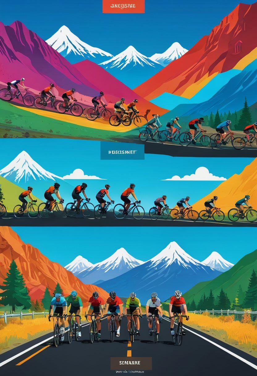 A picturesque scene featuring a diverse group of cyclists joyfully riding through a vibrant landscape, highlighting the various tire designs in close-up. Add a split-screen showcasing tire ratings and comparisons in a visually engaging infographic style. The background should include a scenic mountain range and a clear blue sky to evoke a sense of adventure. Incorporate elements such as colorful bike accessories and a dynamic motion effect to symbolize speed. super-realistic. vibrant colors. nature-inspired.